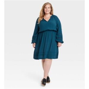 Knox Rose XXL Teal Blue Long Sleeve Lace Detail Boho Peasant Dress